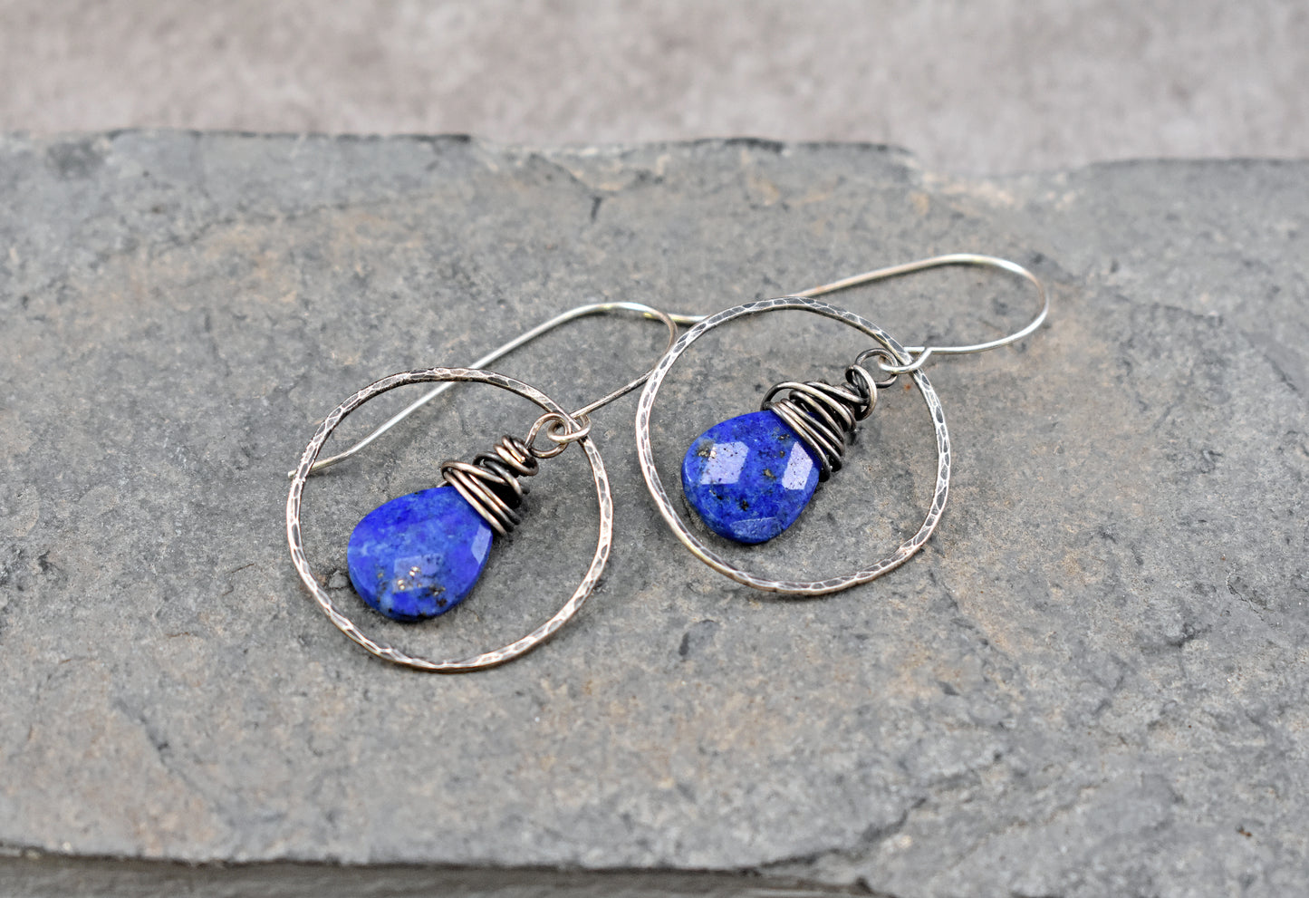 Lapis Lazuli Sterling Silver Hoop Earrings, Handmade Artisan Jewelry, Unique Bold Blue Gemstone Dangles