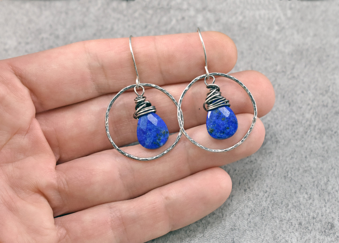 Lapis Lazuli Sterling Silver Hoop Earrings, Handmade Artisan Jewelry, Unique Bold Blue Gemstone Dangles