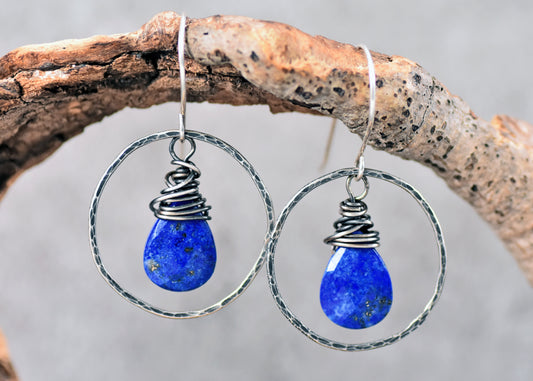 Lapis Lazuli Sterling Silver Hoop Earrings, Handmade Artisan Jewelry, Unique Bold Blue Gemstone Dangles