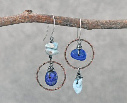 Lapis Lazuli and Larimar Asymmetrical Earrings, Blue Stone Mixed Metal Artisan Jewelry (Copy)