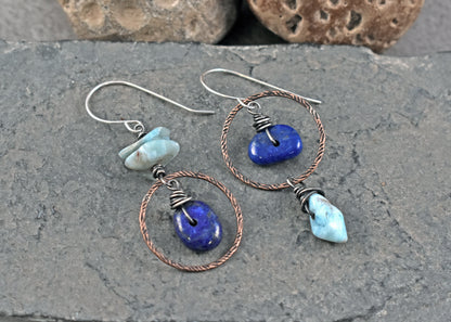 Lapis Lazuli and Larimar Asymmetrical Earrings, Blue Stone Mixed Metal Artisan Jewelry (Copy)
