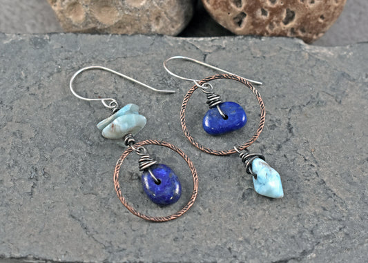 Lapis Lazuli and Larimar Asymmetrical Earrings, Blue Stone Mixed Metal Artisan Jewelry