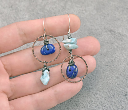 Lapis Lazuli and Larimar Asymmetrical Earrings, Blue Stone Mixed Metal Artisan Jewelry (Copy)