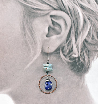 Lapis Lazuli and Larimar Asymmetrical Earrings, Blue Stone Mixed Metal Artisan Jewelry (Copy)