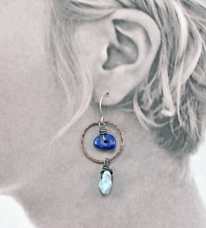 Lapis Lazuli and Larimar Asymmetrical Earrings, Blue Stone Mixed Metal Artisan Jewelry (Copy)