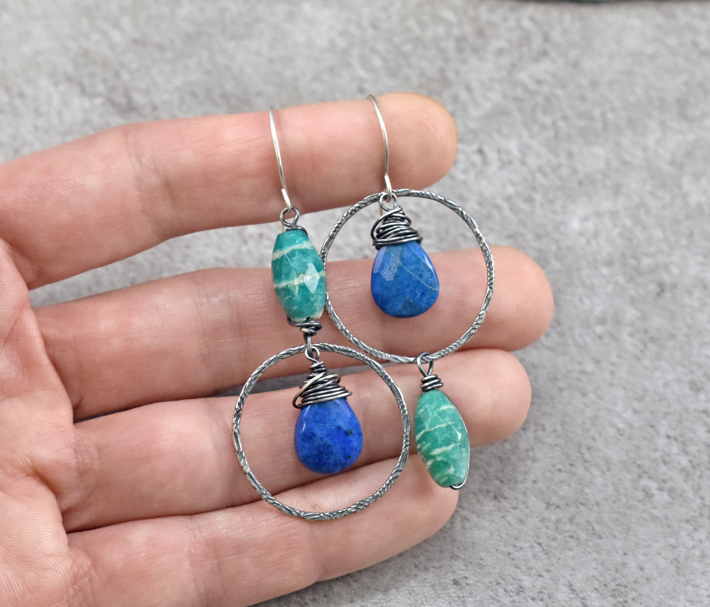 Lapis Lazuli, Amazonite amd Sterling Silver Asymmetrical Earrings, Blue Green Stone Artisan Jewelry