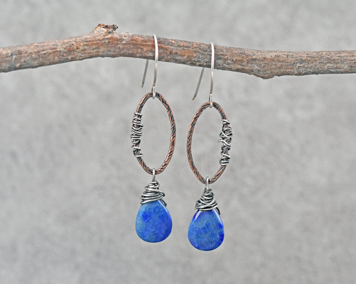 Lapis Lazuli Mixed Metal Earrings, Handmade Artisan Jewelry, Unique Bold Blue Gemstone Dangles