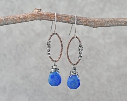 Lapis Lazuli Mixed Metal Earrings, Handmade Artisan Jewelry, Unique Bold Blue Gemstone Dangles