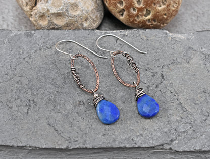 Lapis Lazuli Mixed Metal Earrings, Handmade Artisan Jewelry, Unique Bold Blue Gemstone Dangles