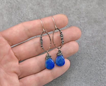 Lapis Lazuli Mixed Metal Earrings, Handmade Artisan Jewelry, Unique Bold Blue Gemstone Dangles