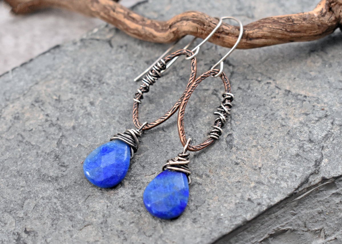 Lapis Lazuli Mixed Metal Earrings, Handmade Artisan Jewelry, Unique Bold Blue Gemstone Dangles