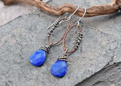 Lapis Lazuli Mixed Metal Earrings, Handmade Artisan Jewelry, Unique Bold Blue Gemstone Dangles