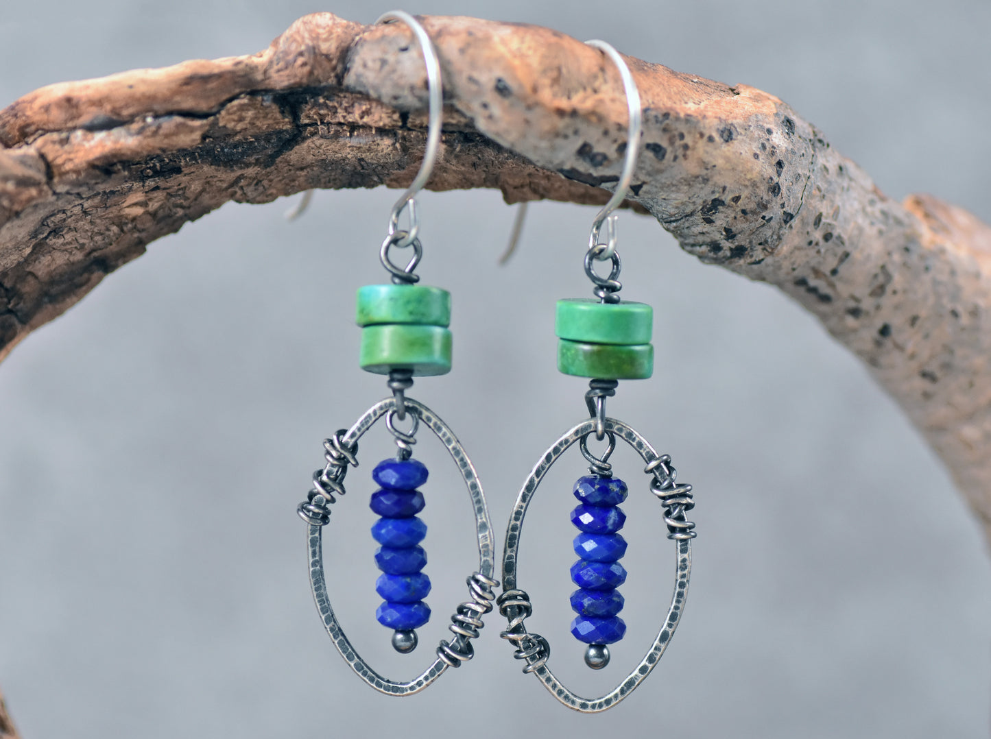 Turquoise, Lapis Lazuli and Sterling Silver Earrings, Rustic Boho Jewelry Handmade