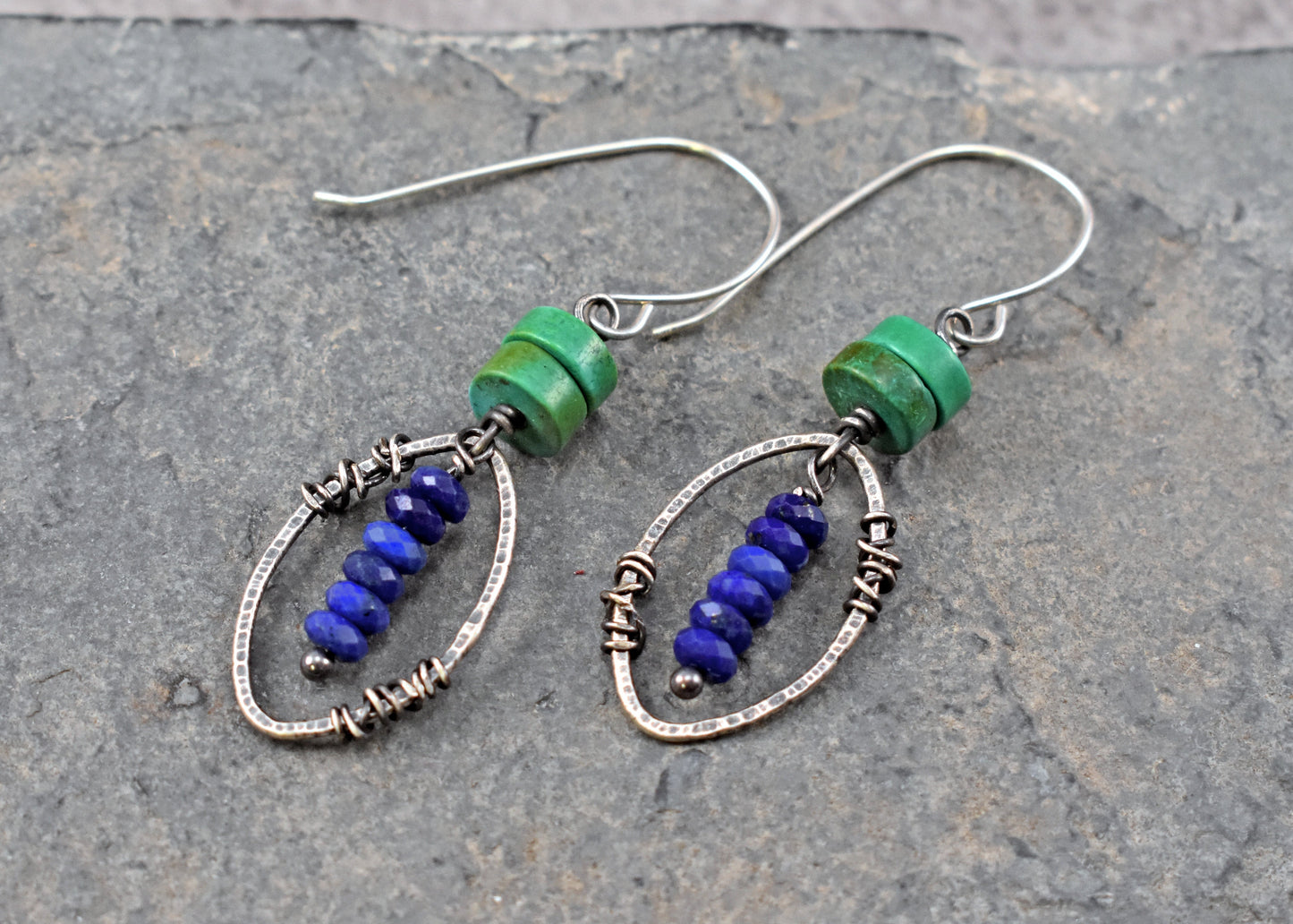 Turquoise, Lapis Lazuli and Sterling Silver Earrings, Rustic Boho Jewelry Handmade