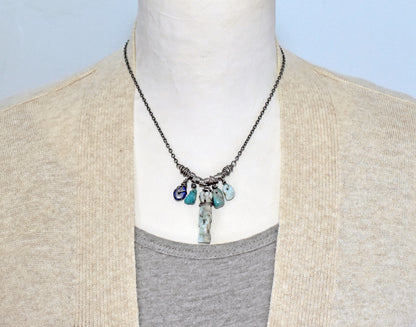 Larimar, Apatite and Lapis Sterling Silver Necklace, One of a Kind Rustic Mixed Gemstone Jewelry