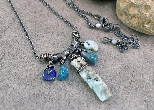 Larimar, Apatite and Lapis Sterling Silver Necklace, One of a Kind Rustic Mixed Gemstone Jewelry