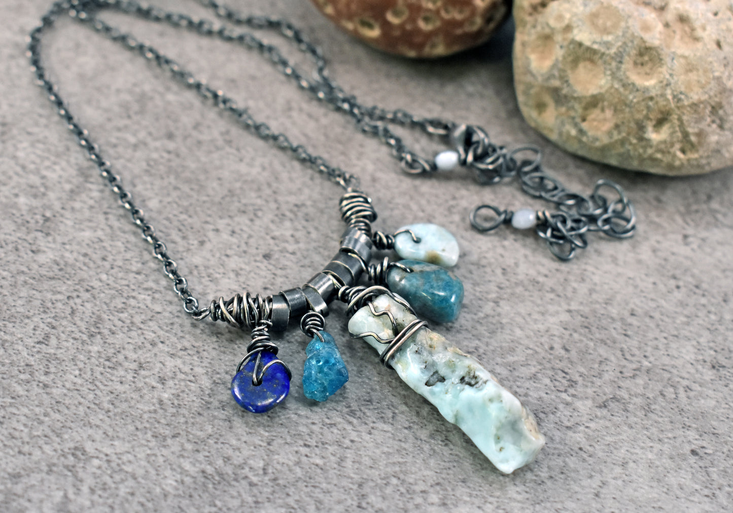 Larimar, Apatite and Lapis Sterling Silver Necklace, One of a Kind Rustic Mixed Gemstone Jewelry