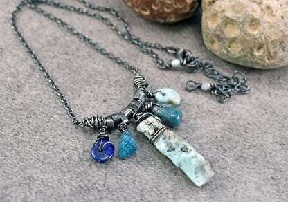 Larimar, Apatite and Lapis Sterling Silver Necklace, One of a Kind Rustic Mixed Gemstone Jewelry