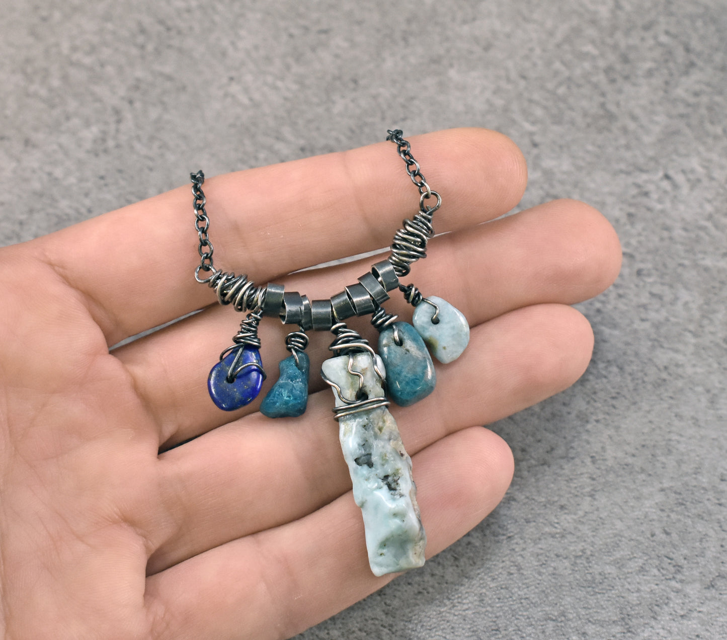 Larimar, Apatite and Lapis Sterling Silver Necklace, One of a Kind Rustic Mixed Gemstone Jewelry