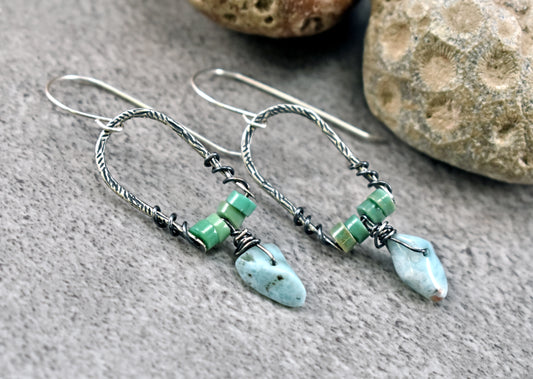 Larimar and Chrysoprase Earrings, Unique Sterling Silver Wire and Gemstone Dangles, Blue Green Jewelry