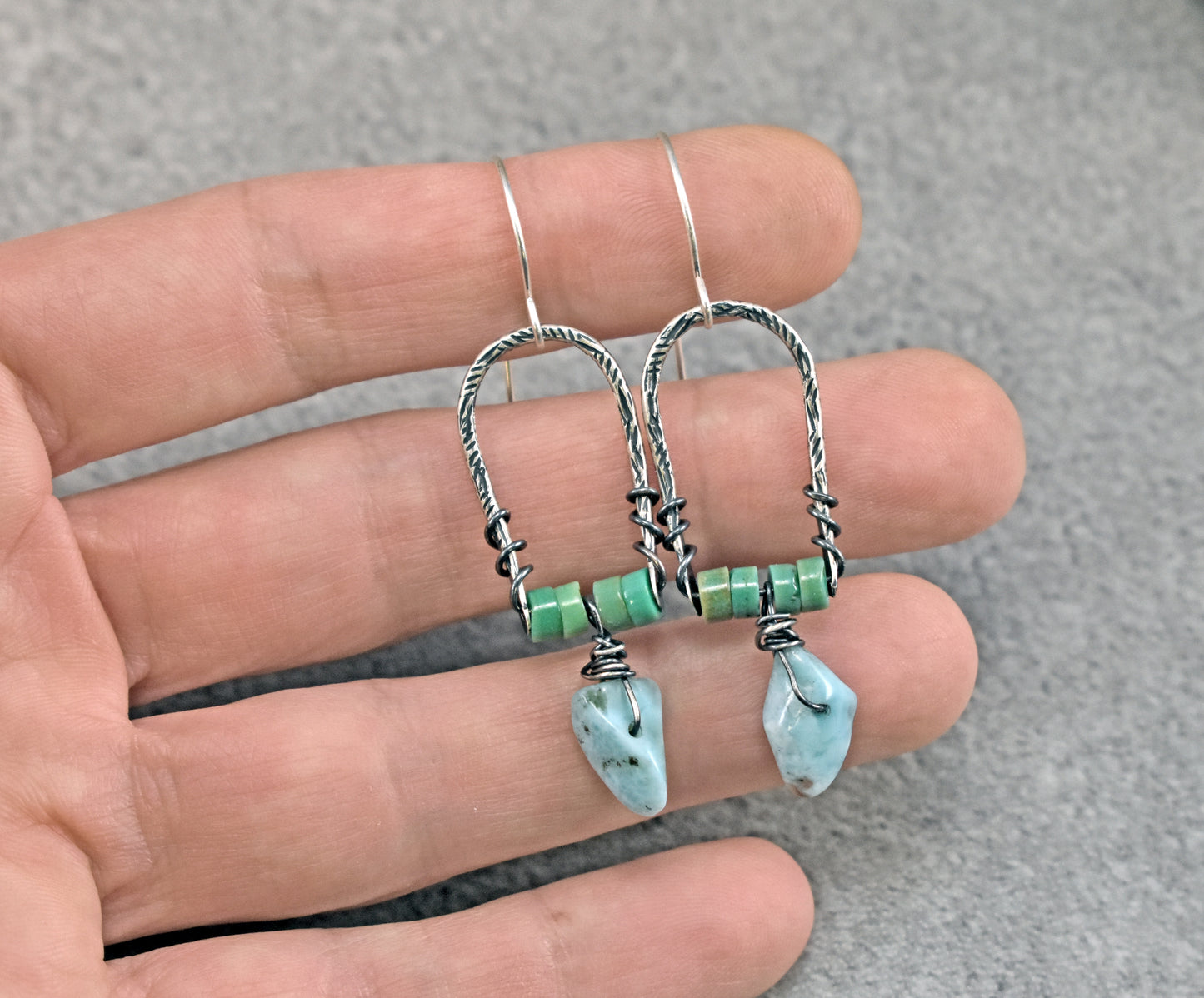 Larimar and Chrysoprase Earrings, Unique Sterling Silver Wire and Gemstone Dangles, Blue Green Jewelry