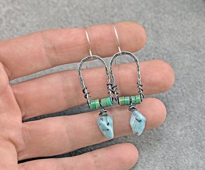 Larimar and Chrysoprase Earrings, Unique Sterling Silver Wire and Gemstone Dangles, Blue Green Jewelry