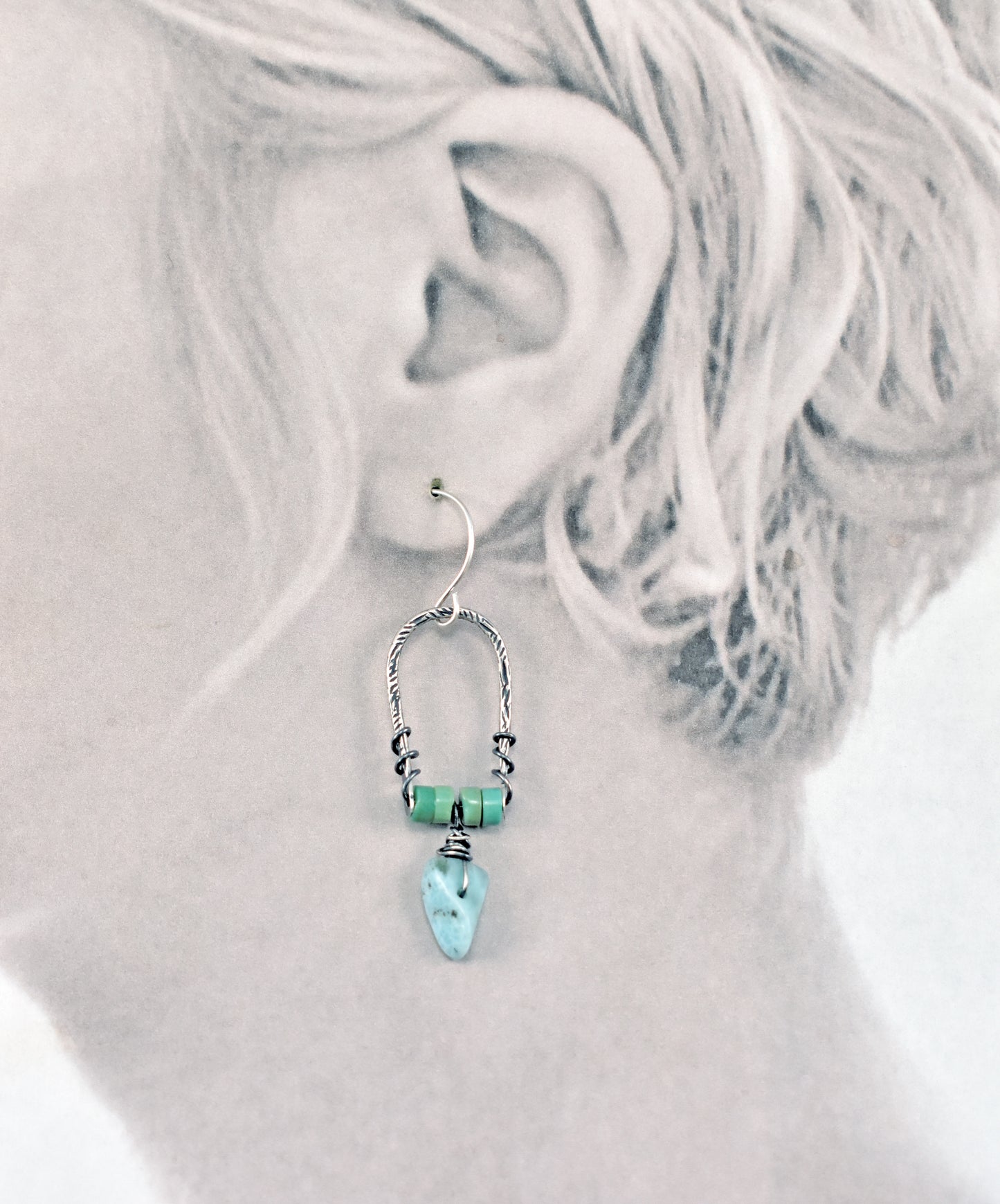Larimar and Chrysoprase Earrings, Unique Sterling Silver Wire and Gemstone Dangles, Blue Green Jewelry