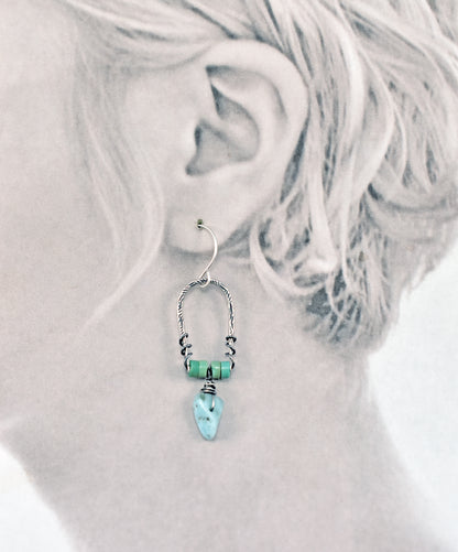 Larimar and Chrysoprase Earrings, Unique Sterling Silver Wire and Gemstone Dangles, Blue Green Jewelry