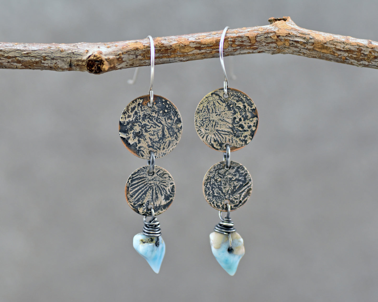 Larimar, Sterling Silver and Copper Disc Earrings, Unique Mixed Metal Blue Gemstone Dangles