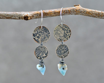 Larimar, Sterling Silver and Copper Disc Earrings, Unique Mixed Metal Blue Gemstone Dangles