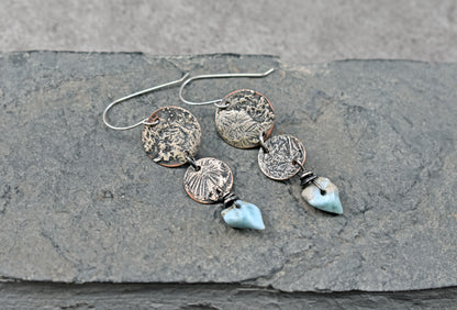 Larimar, Sterling Silver and Copper Disc Earrings, Unique Mixed Metal Blue Gemstone Dangles