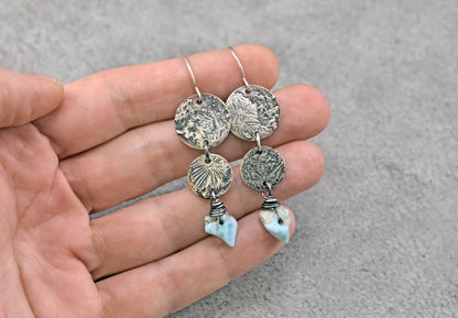 Larimar, Sterling Silver and Copper Disc Earrings, Unique Mixed Metal Blue Gemstone Dangles