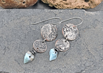 Larimar, Sterling Silver and Copper Disc Earrings, Unique Mixed Metal Blue Gemstone Dangles