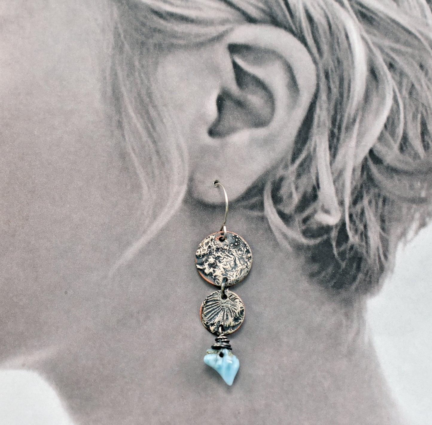 Larimar, Sterling Silver and Copper Disc Earrings, Unique Mixed Metal Blue Gemstone Dangles