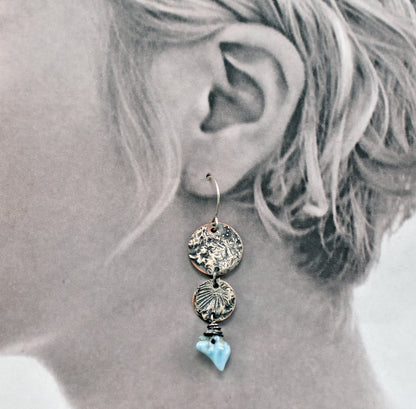 Larimar, Sterling Silver and Copper Disc Earrings, Unique Mixed Metal Blue Gemstone Dangles