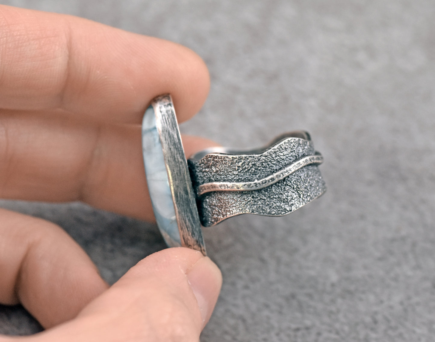 Larimar and Sterling Silver Wide Band Statement Ring, Size 8.5, Natural Light Blue Organic Handmade Jewelry
