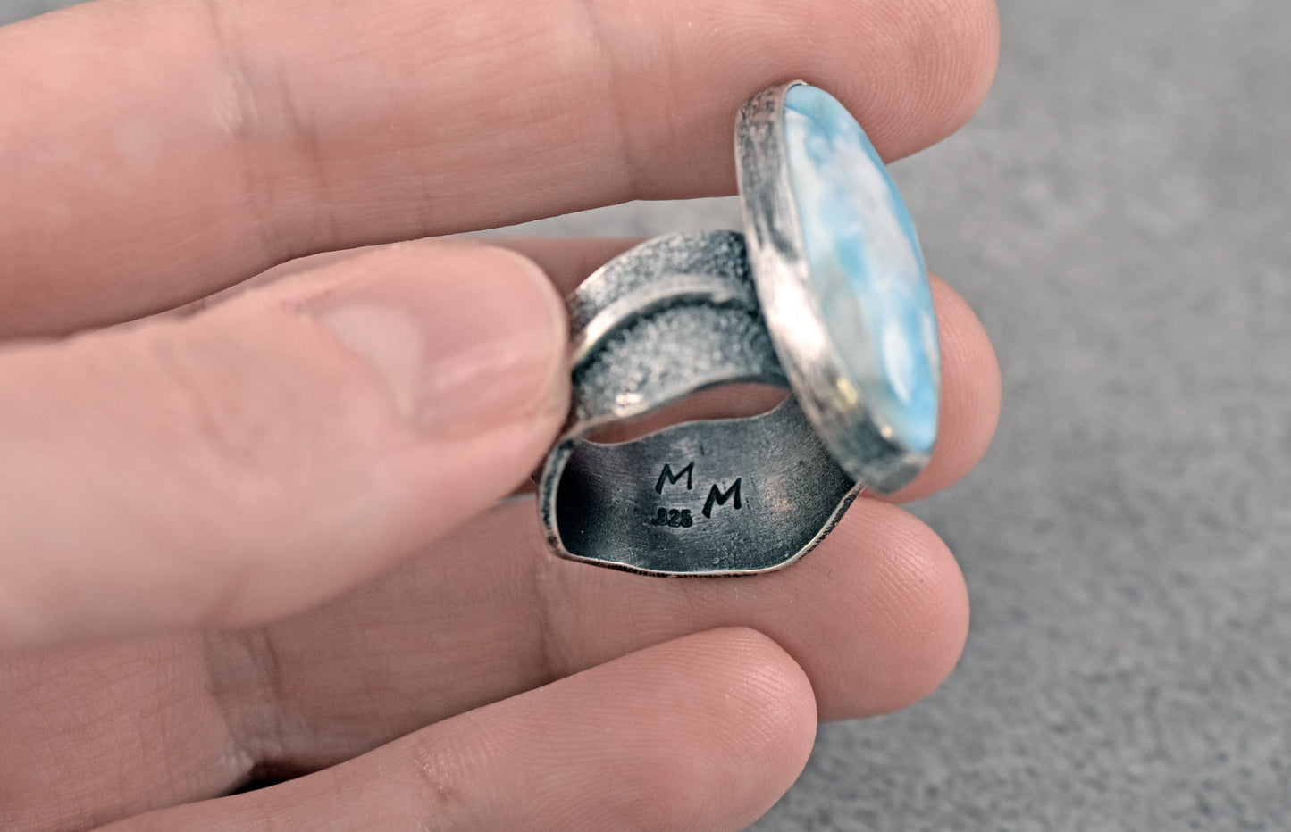 Larimar and Sterling Silver Wide Band Statement Ring, Size 8.5, Natural Light Blue Organic Handmade Jewelry