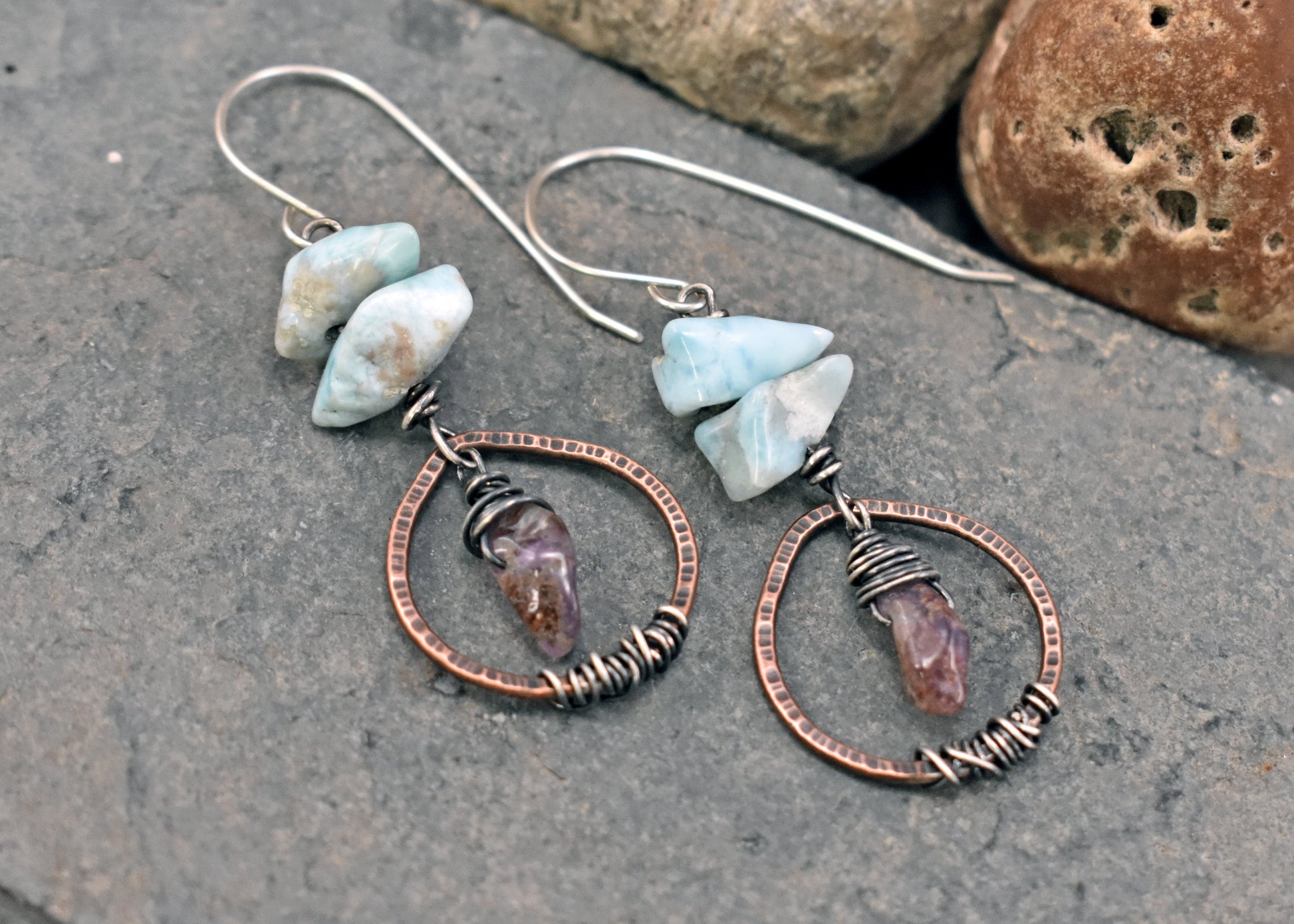Copper and sterling silver earrings with light blue and purple stones