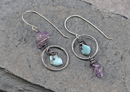 Larimar and Super Seven Asymmetrical Sterling Silver Earrings, Blue and Purple Handmade Artisan Jewelry
