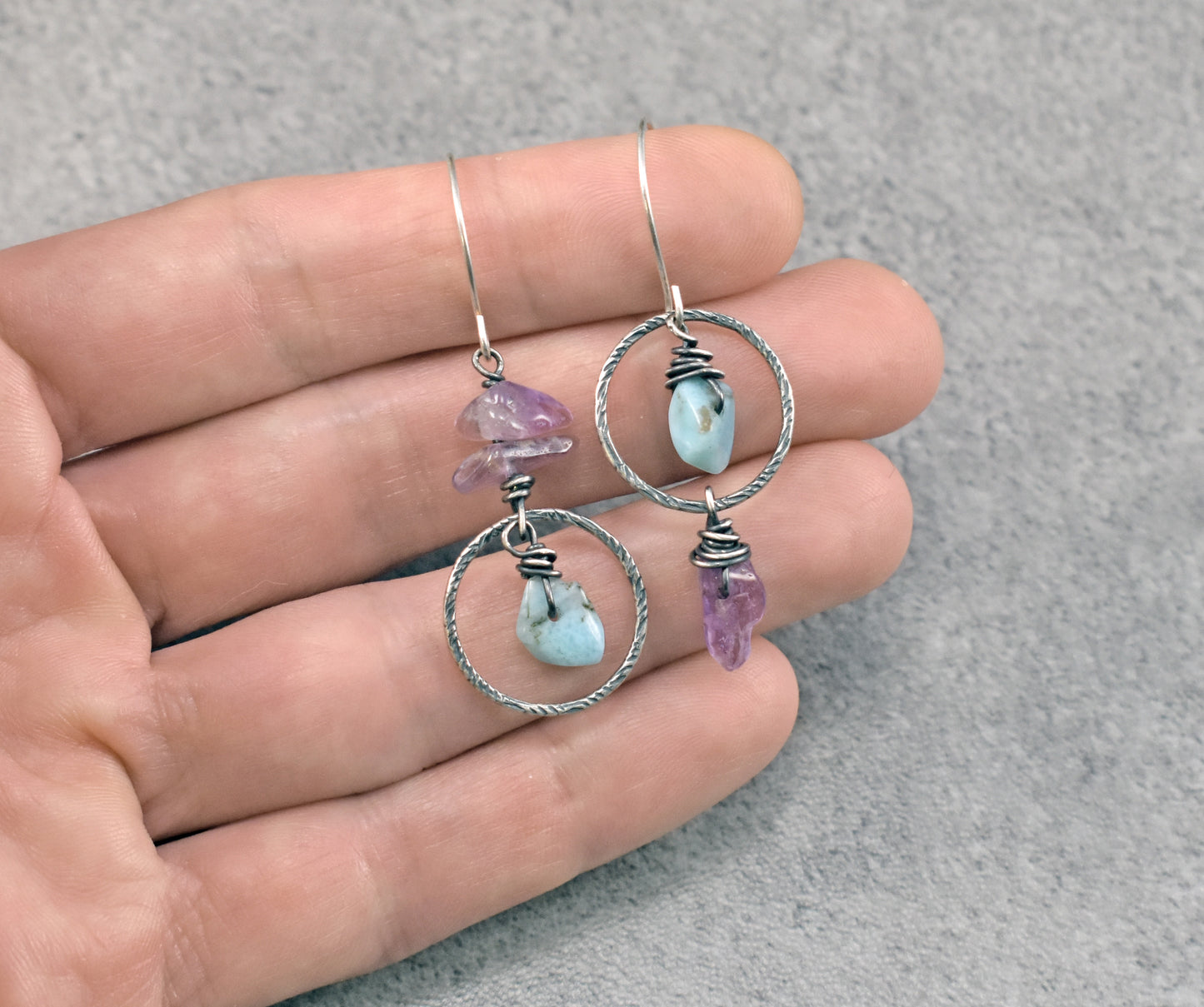 Larimar and Super Seven Asymmetrical Sterling Silver Earrings, Blue and Purple Handmade Artisan Jewelry