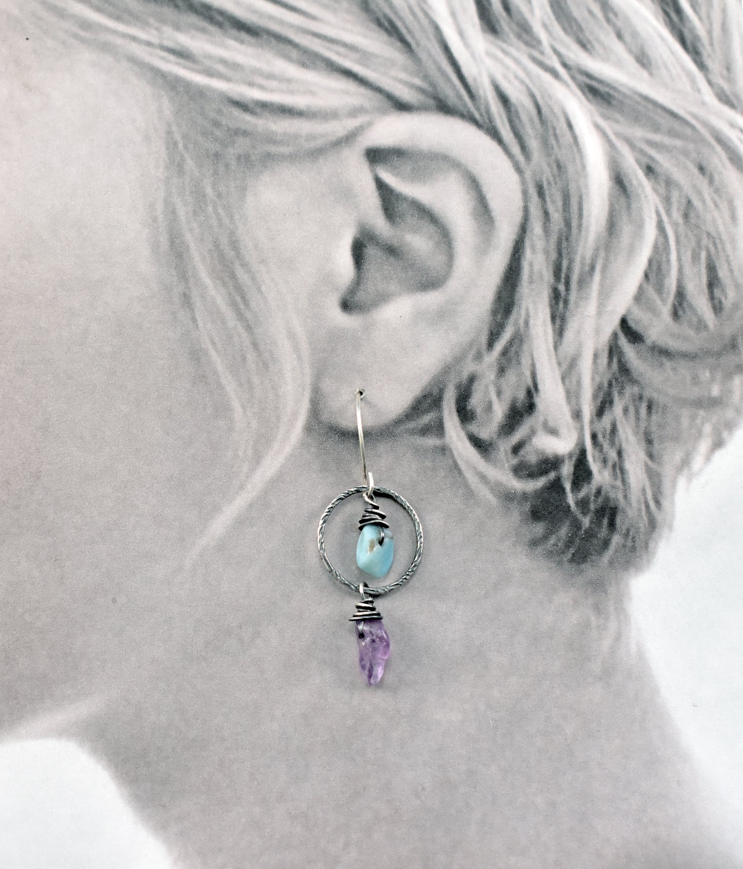 Larimar and Super Seven Asymmetrical Sterling Silver Earrings, Blue and Purple Handmade Artisan Jewelry