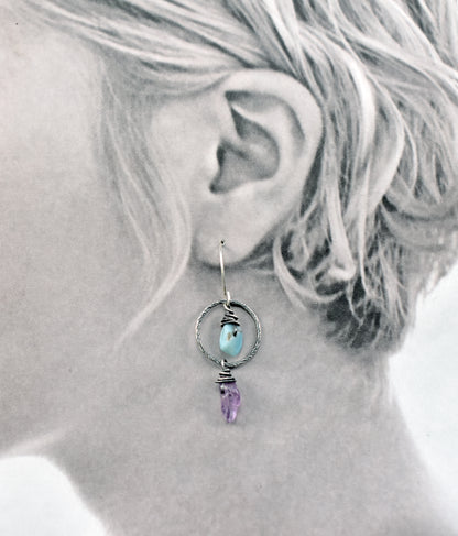Larimar and Super Seven Asymmetrical Sterling Silver Earrings, Blue and Purple Handmade Artisan Jewelry