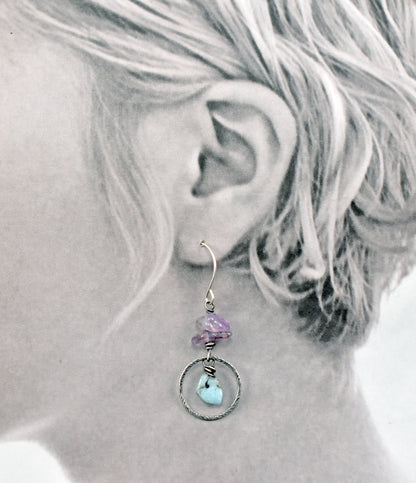 Larimar and Super Seven Asymmetrical Sterling Silver Earrings, Blue and Purple Handmade Artisan Jewelry