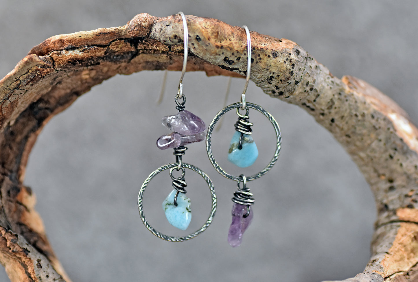 Larimar and Super Seven Asymmetrical Sterling Silver Earrings, Blue and Purple Handmade Artisan Jewelry