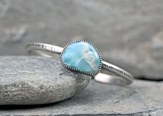 Larimar and Sterling Silver Cuff Bracelet, Size Small, Light Blue Stone Handmade Jewelry