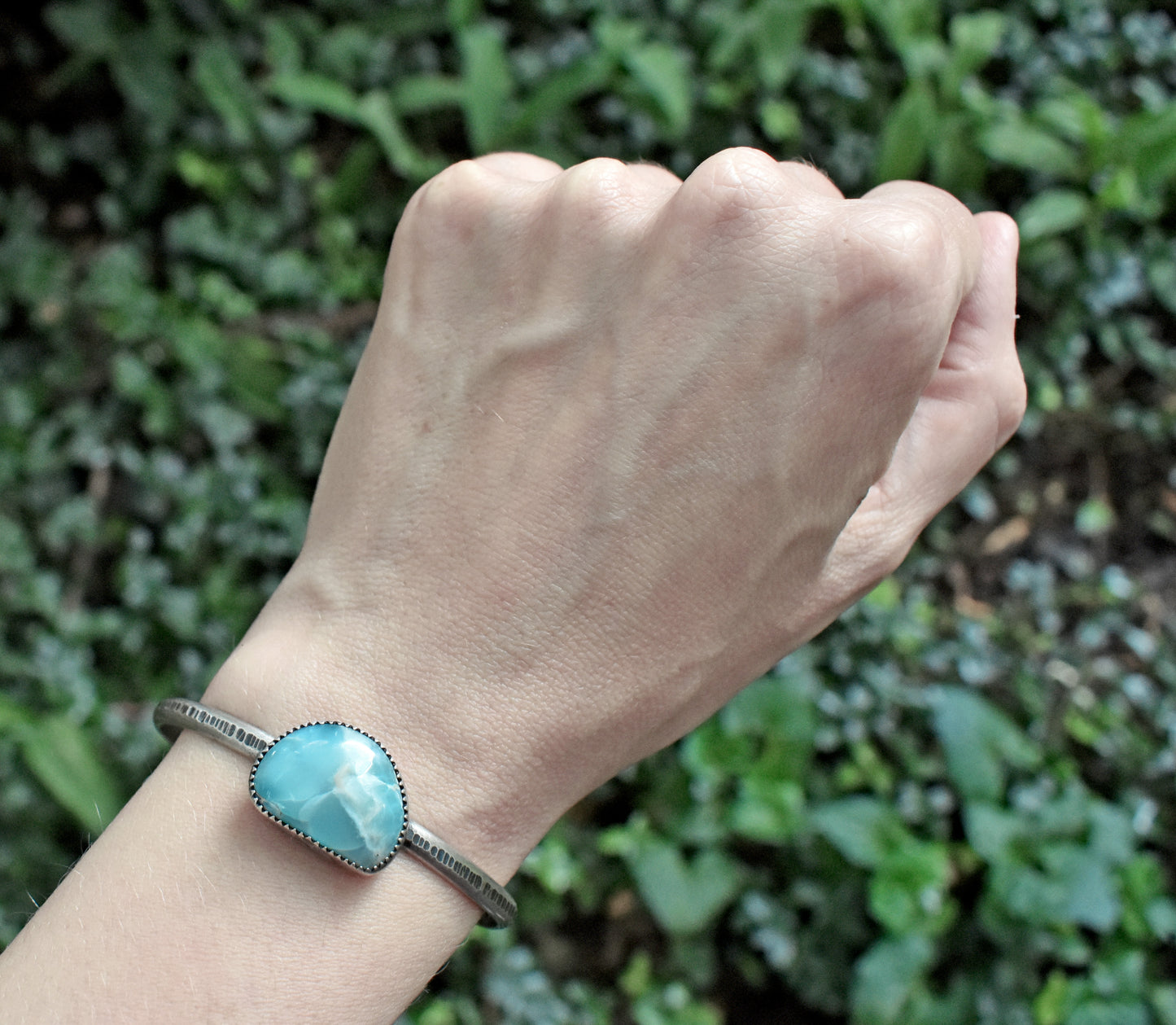 Larimar and Sterling Silver Cuff Bracelet, Size Small, Light Blue Stone HandmadeJewelry