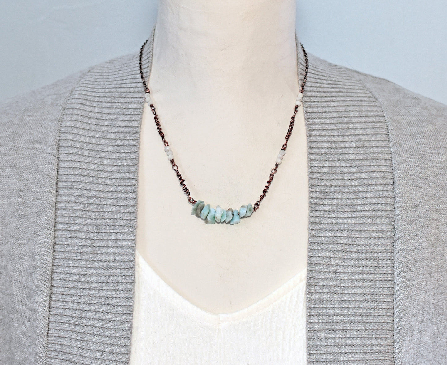 Simple Larimar, Moonstone and Copper Wire Necklace, Rustic Light Blue Stone Jewelry