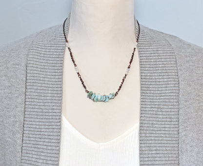 Simple Larimar, Moonstone and Copper Wire Necklace, Rustic Light Blue Stone Jewelry