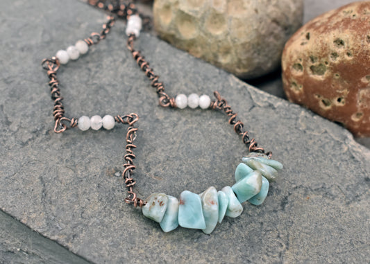 Simple Larimar, Moonstone and Copper Wire Necklace, Rustic Light Blue Stone Jewelry