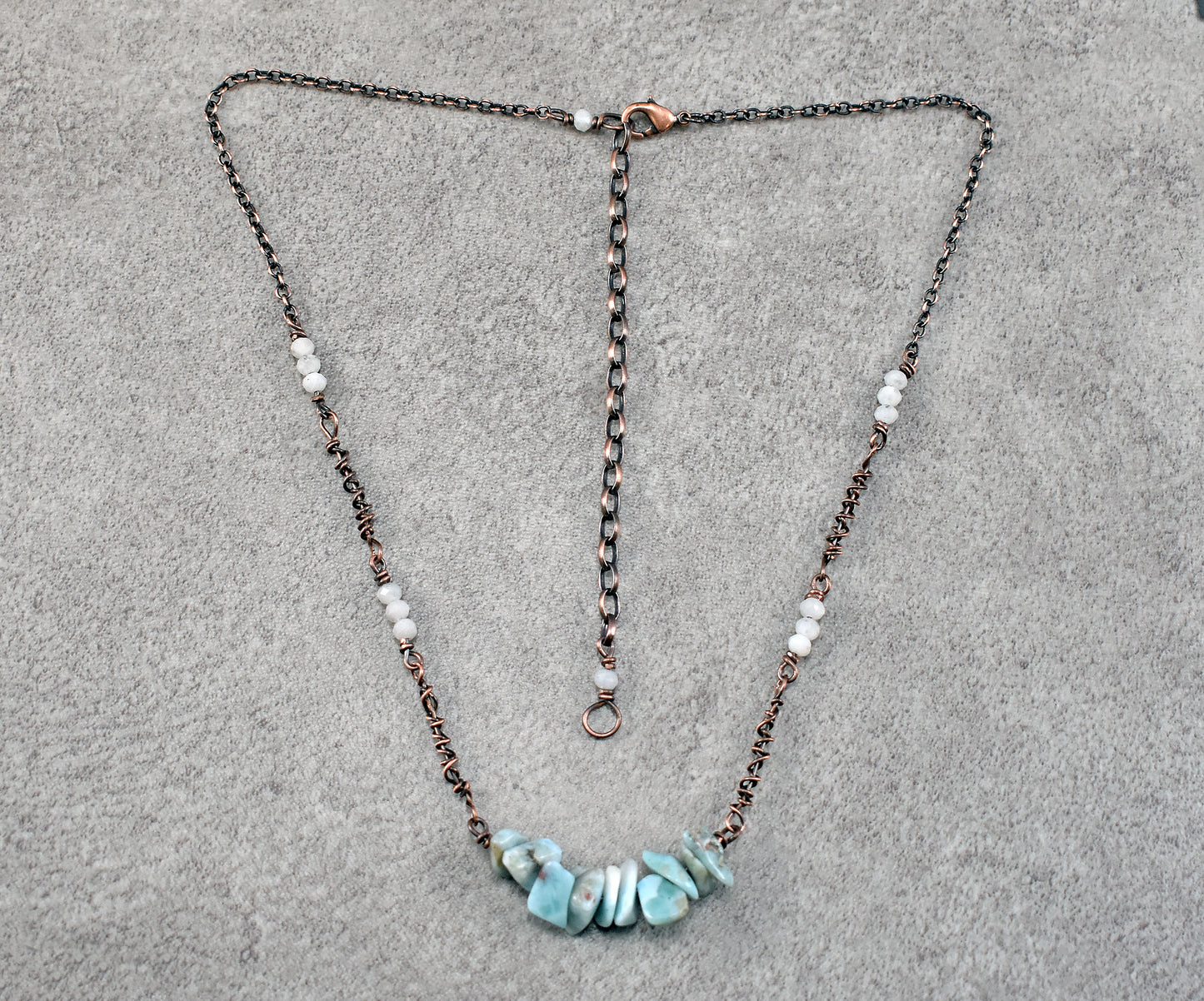 Simple Larimar, Moonstone and Copper Wire Necklace, Rustic Light Blue Stone Jewelry